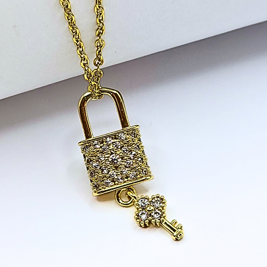 Lock & Key Zirconia Necklace-Waterproof & Gold Plated
