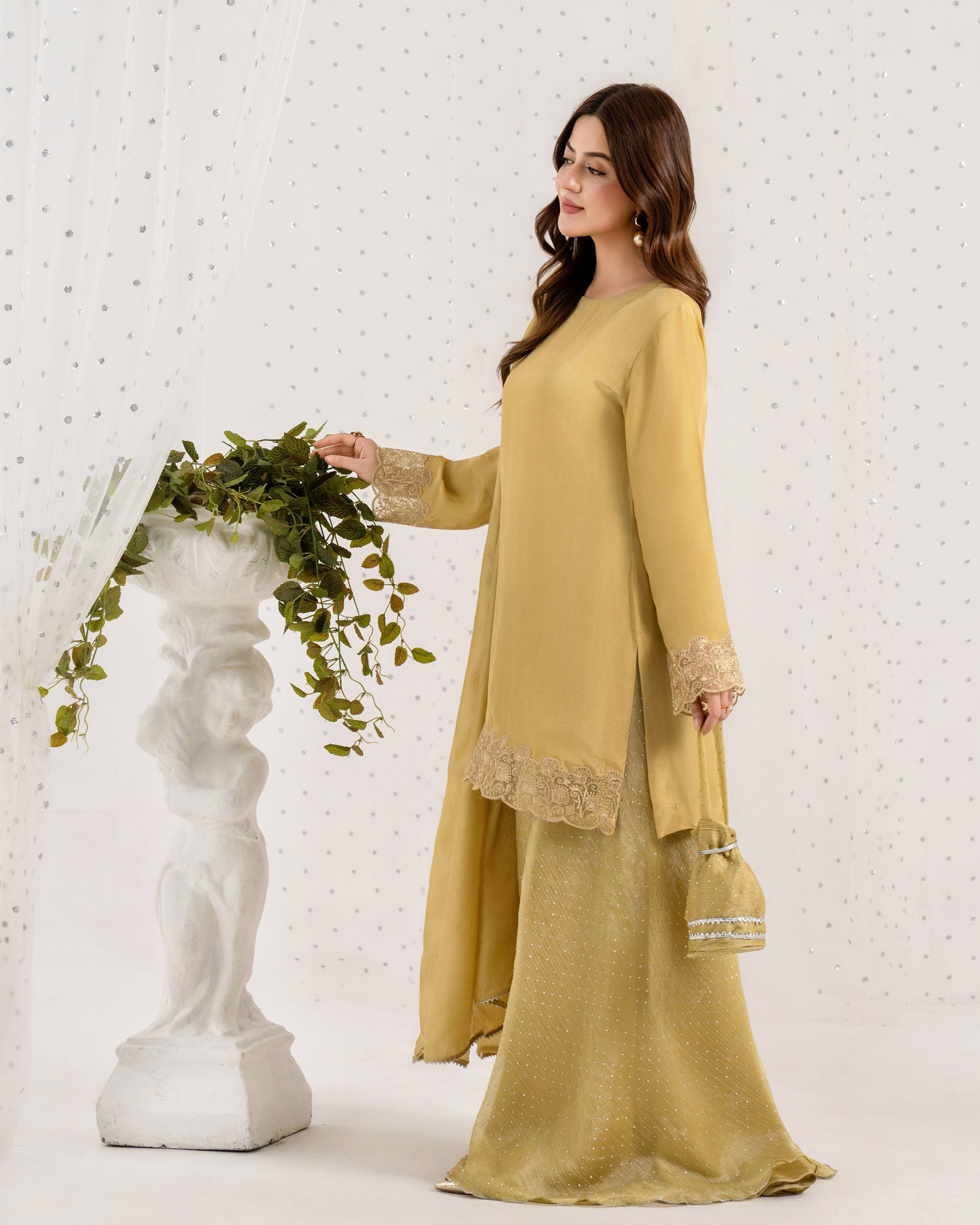 Gold Sheesha Silk Sharara Set-4PC