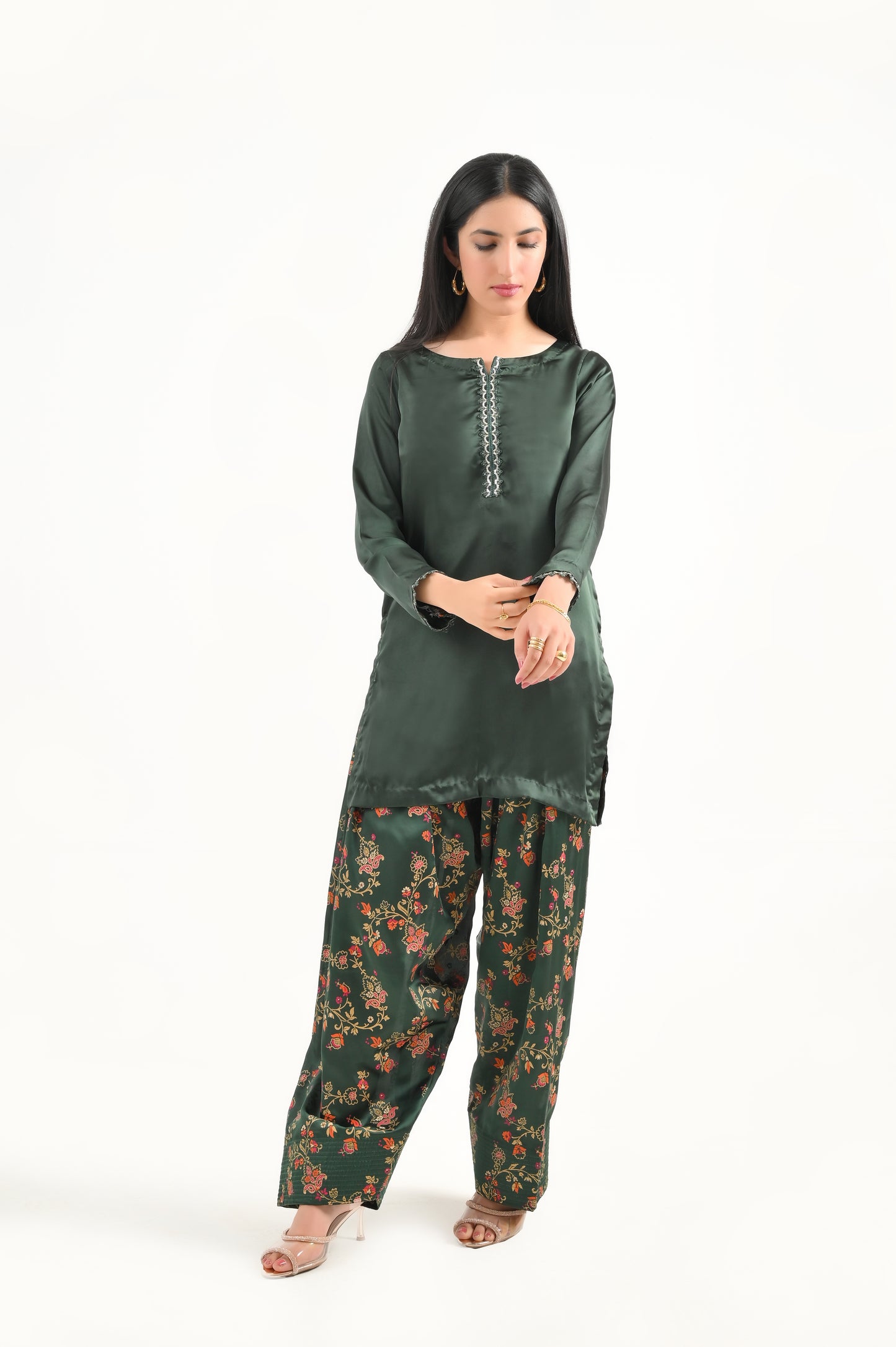 Green Block Print Farshi Set-2PC (available on LAAM)