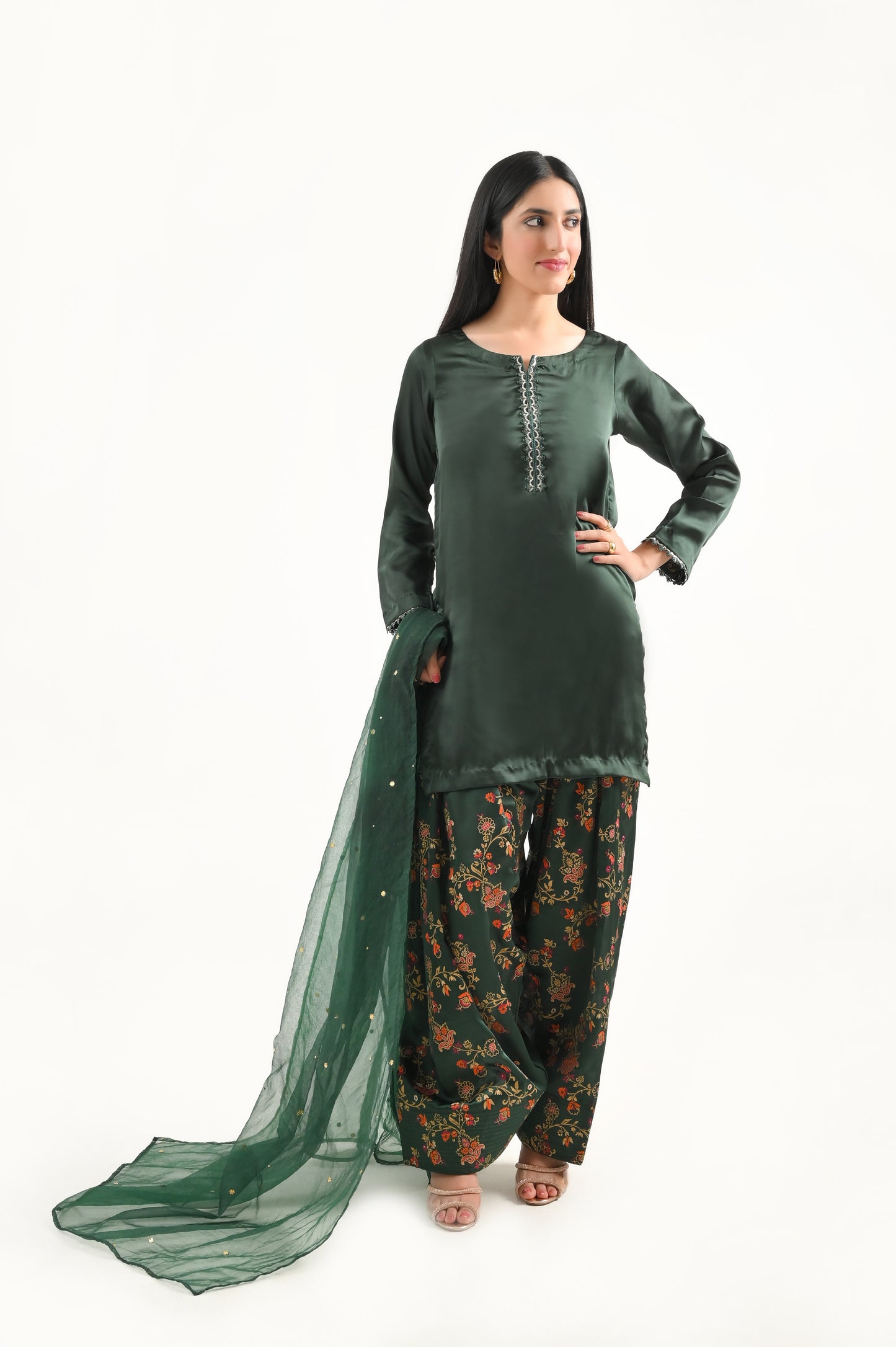 Green Block Print Farshi Set-2PC (available on LAAM)