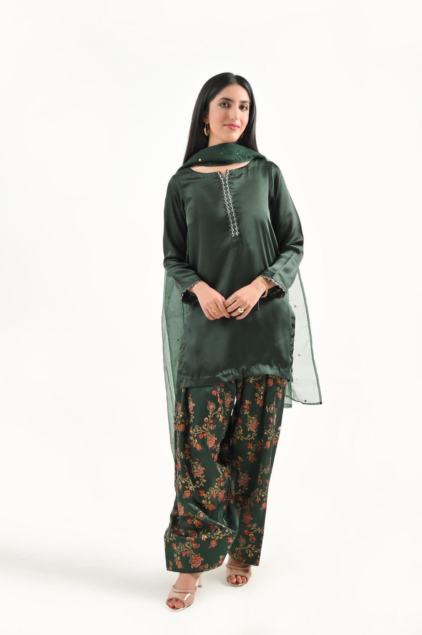 Green Block Print Farshi Set-2PC (available on LAAM)