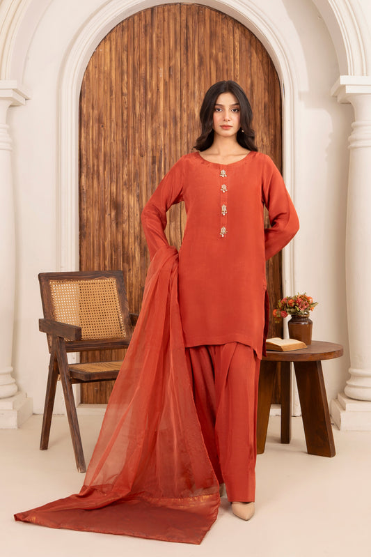 Rust Kundan Farshi Shalwar Set 3Pc