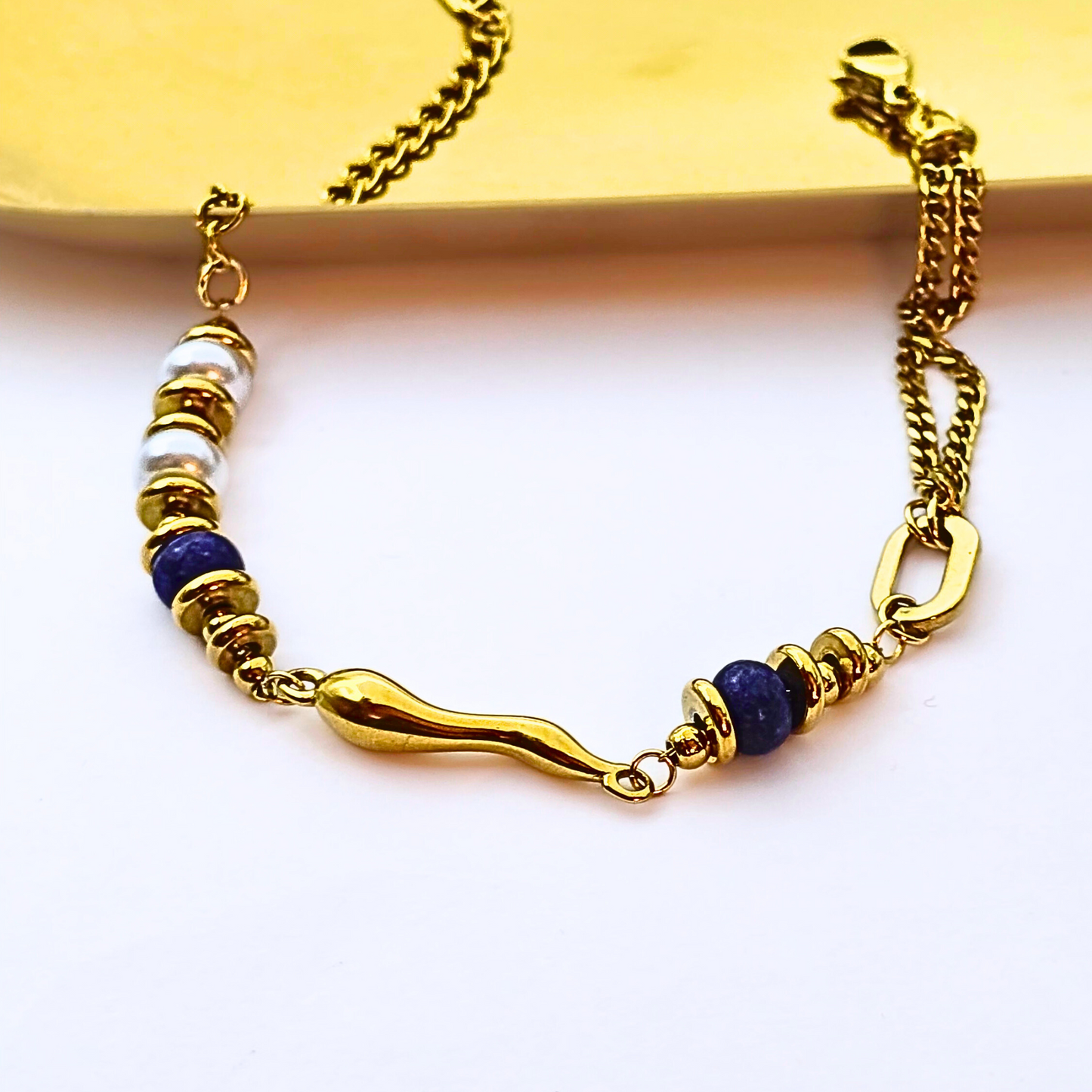 Lapis Lazuli Pearl Bracelet-Waterproof & Gold Plated