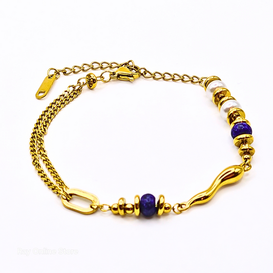 Lapis Lazuli Pearl Bracelet-Waterproof & Gold Plated