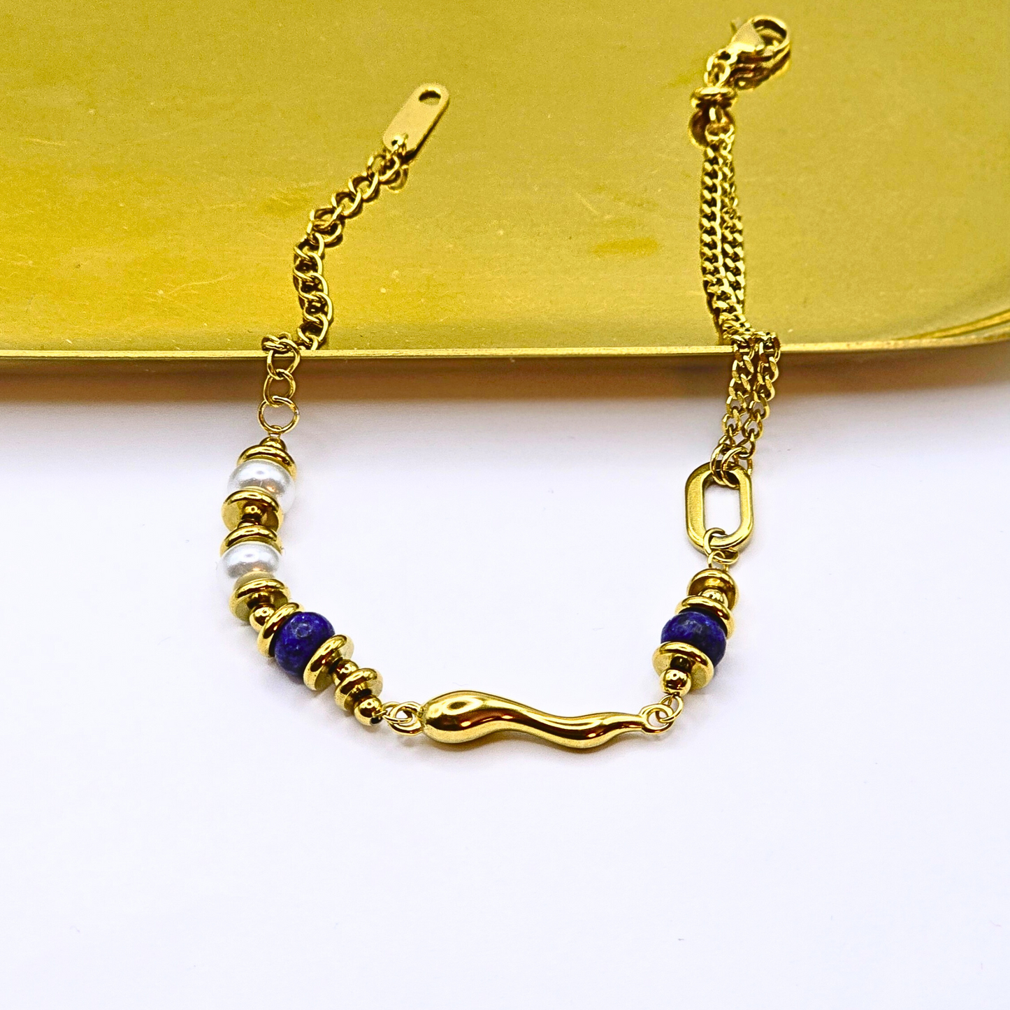 Lapis Lazuli Pearl Bracelet-Waterproof & Gold Plated