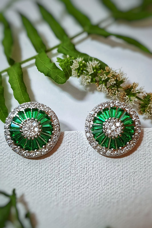 Green and White Zircon Round Earrings
