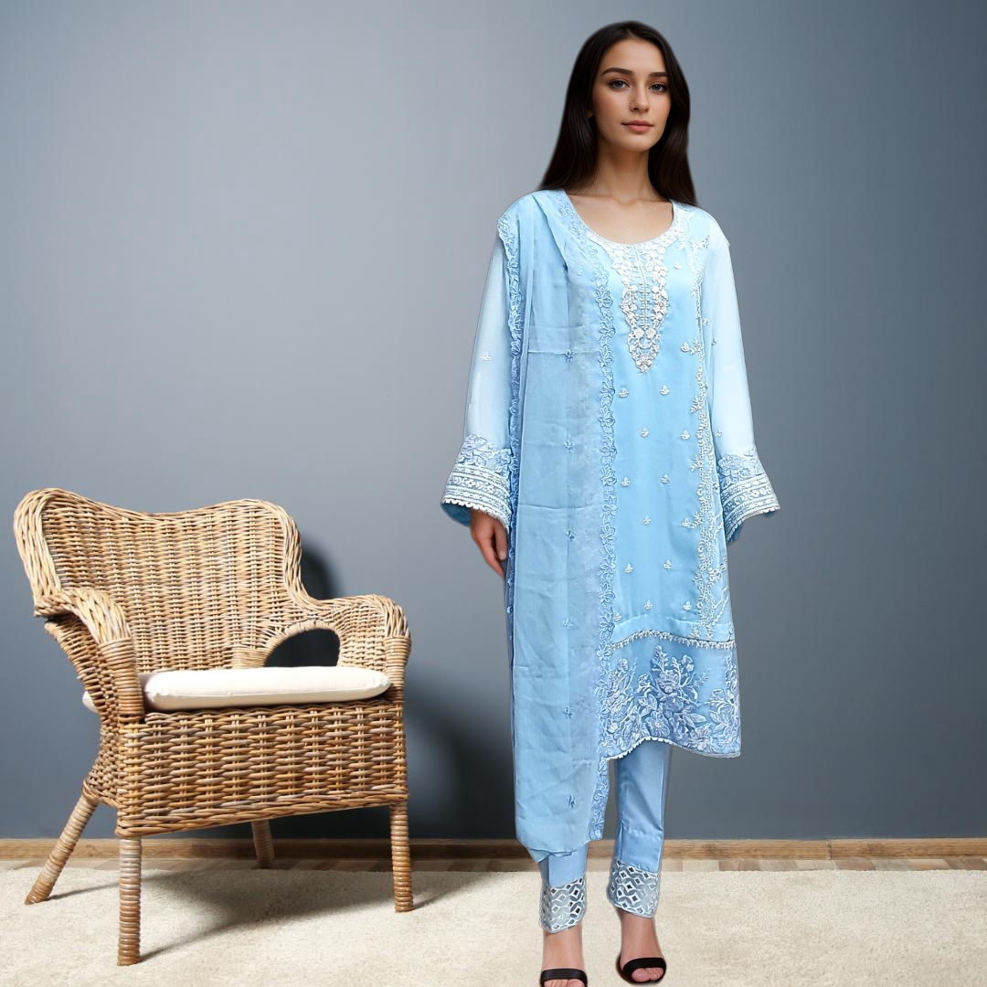 The Serene Blue Chiffon Embroidered Suit-3 PC is a must-have. Elevate your style with delicate embroidery on soft chiffon dupatta and shirt. Silk pants feature exquisite organza details for a chic and comfortable ensemble.