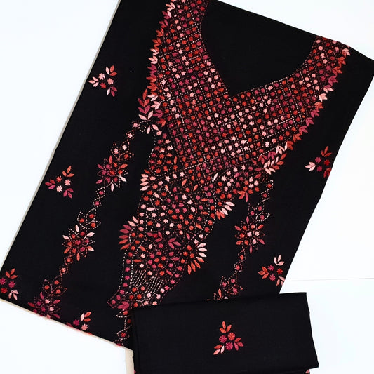 Black & Red Gradient Hand Embroidered-3PC Unstitched Suit