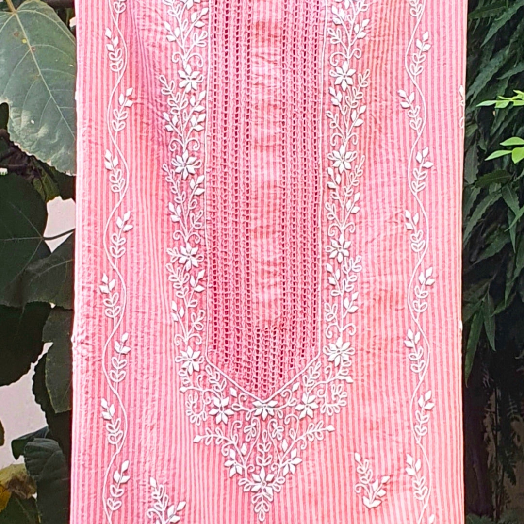 Pink Stripe Tukri Shirt-Luxury Hand Embroided  Unstitched 1 PC