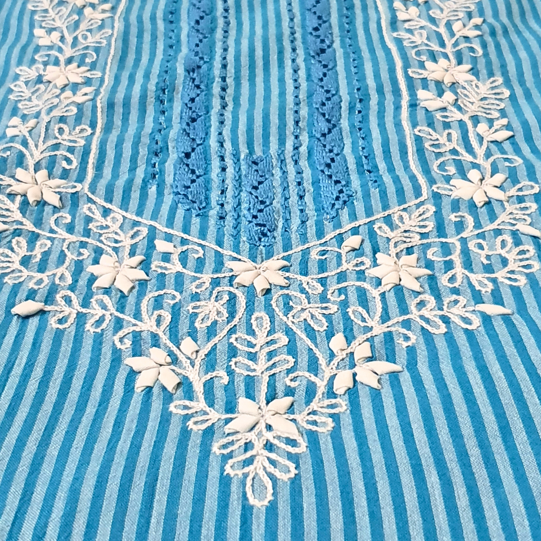 Blue Stripe Tukri Shirt-Luxury Hand Embroided  Unstitched 1 PC