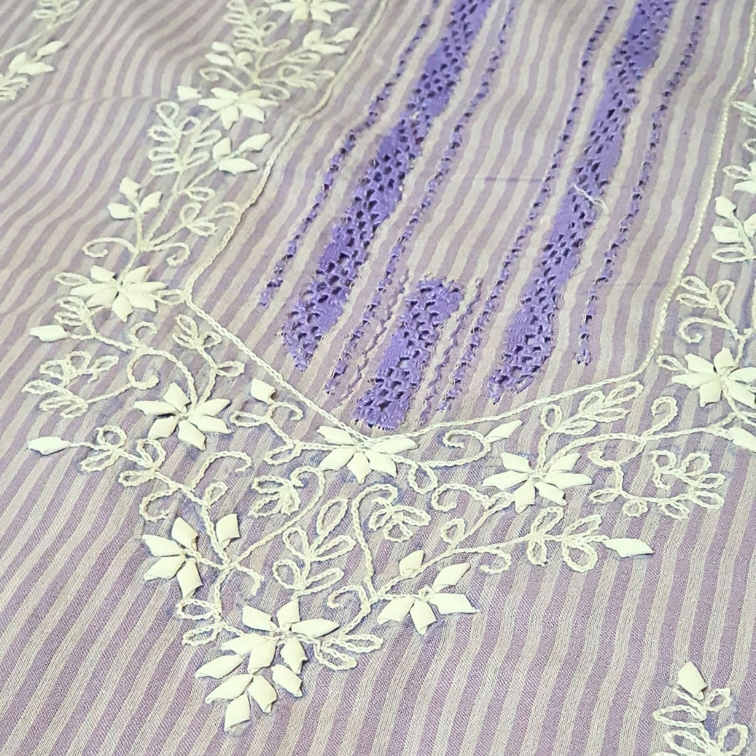 Lavender Stripe Tukri Shirt-Luxury Hand Embroided  Unstitched 1 PC