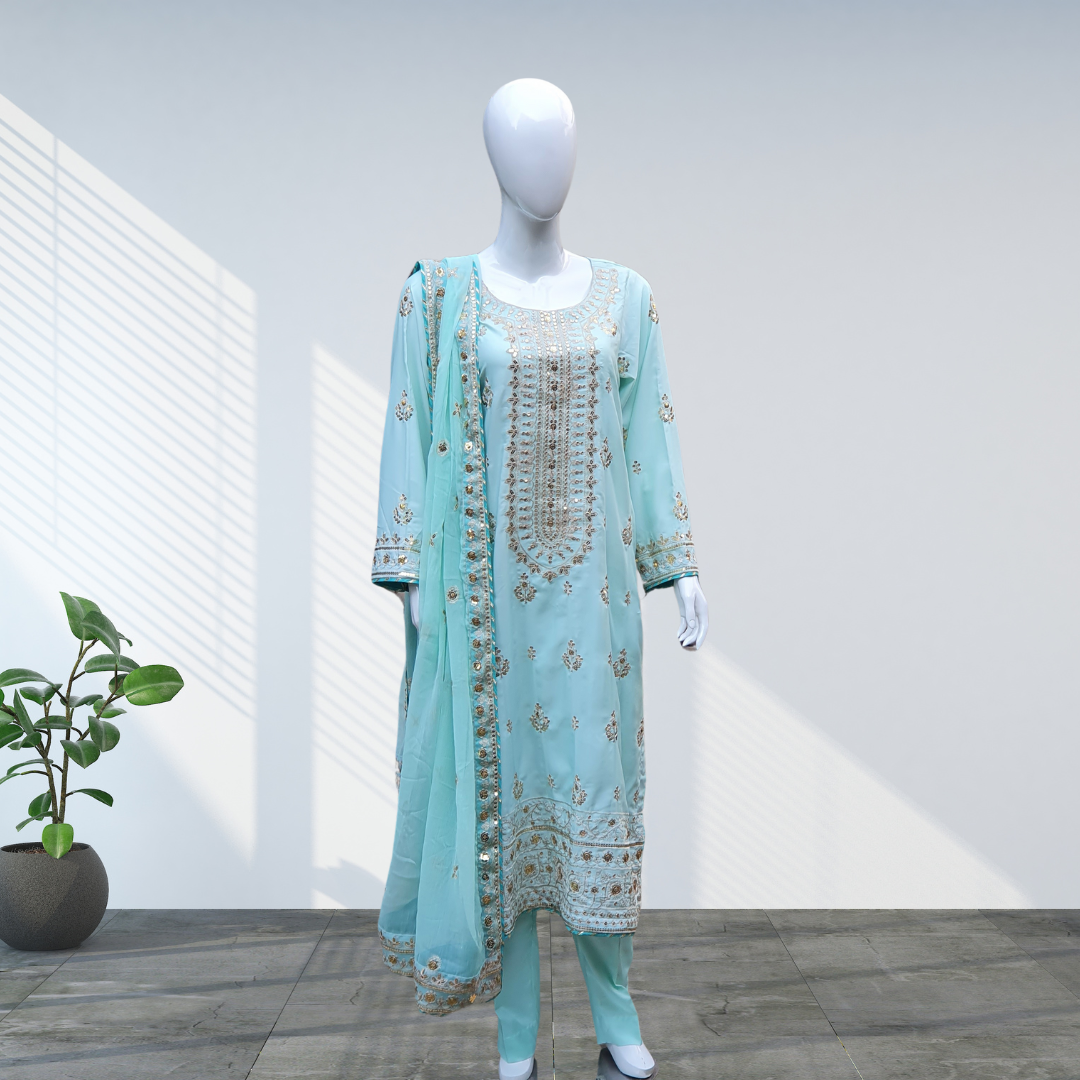 Embroidered Tame Green Suit-3PC