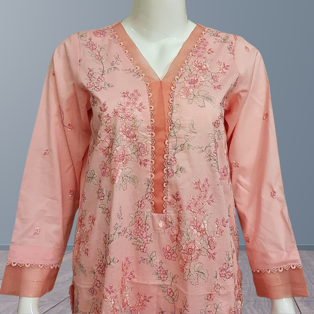 Pink Floral Embroidered Suit-2PC