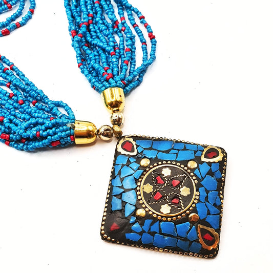 Afghani Blue Mosaic Beaded Necklace