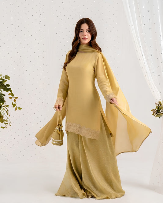 Gold Sheesha Silk Sharara Set-4PC
