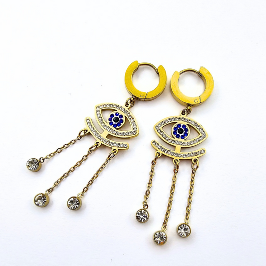 Gold-plated stainless steel evil eye dangle earrings with cubic zirconia accents, perfect for a dazzling and modern look.

