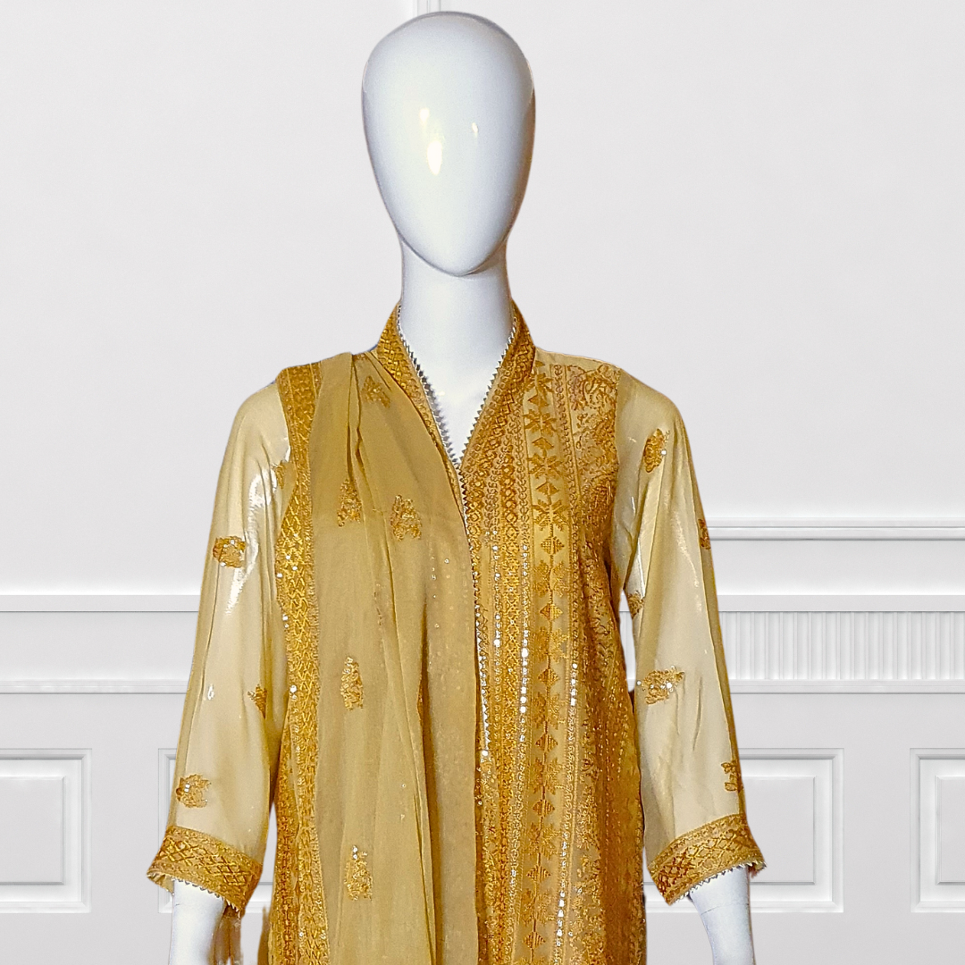 Mustard Sequin Embroidered Suit-3PC