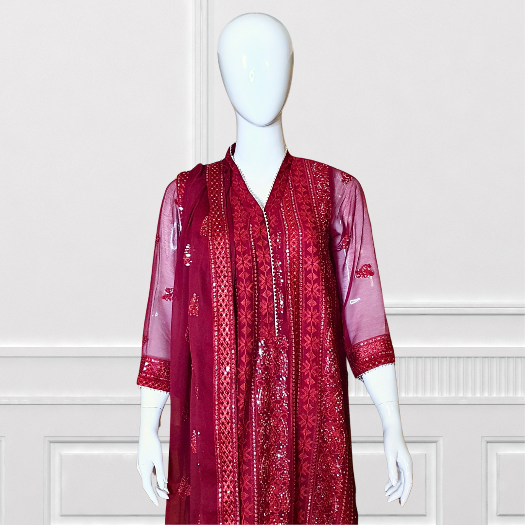 Maroon Sequin Embroidered Suit-3PC