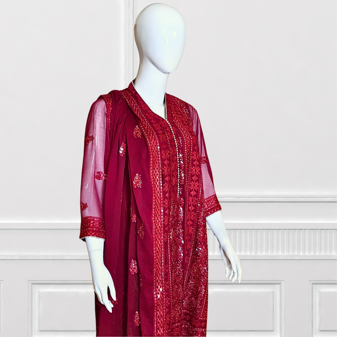 Maroon Sequin Embroidered Suit-3PC