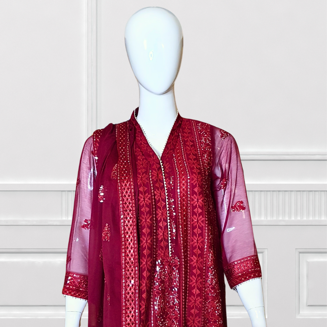 Maroon Sequin Embroidered Suit-3PC