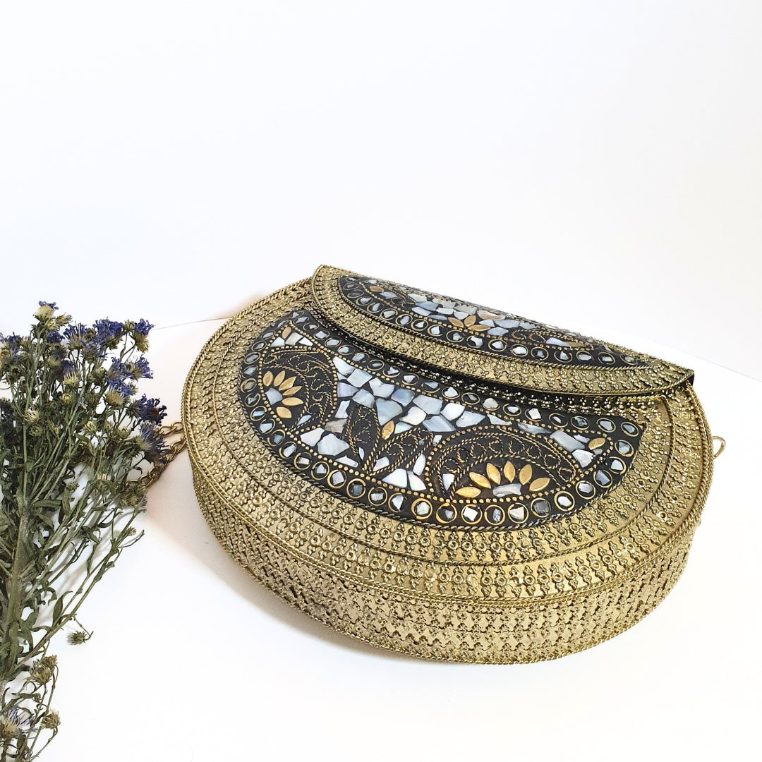 Rustic Mosaic White & Gold Metal Purse