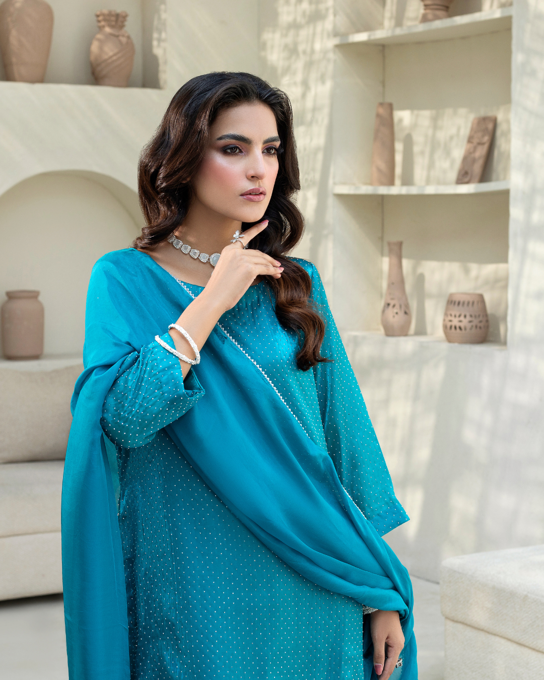 Teal Blue Sheesha Silk-3PC
