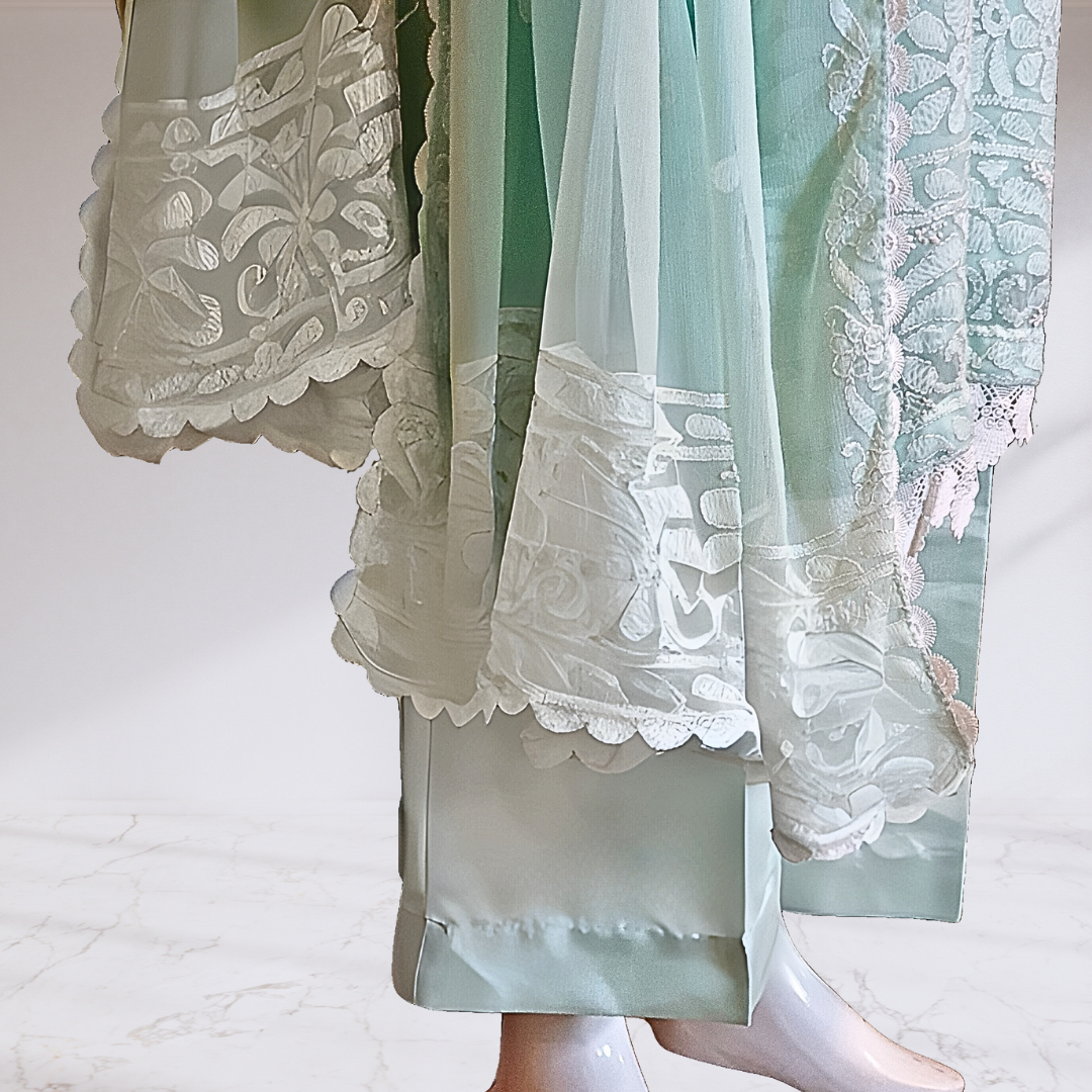 Light Mint Green Shadow Work Chiffon-3 PC