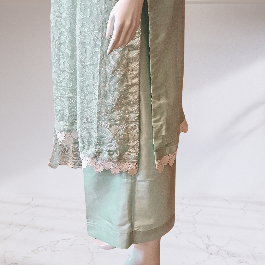 Light Mint Green Shadow Work Chiffon-3 PC