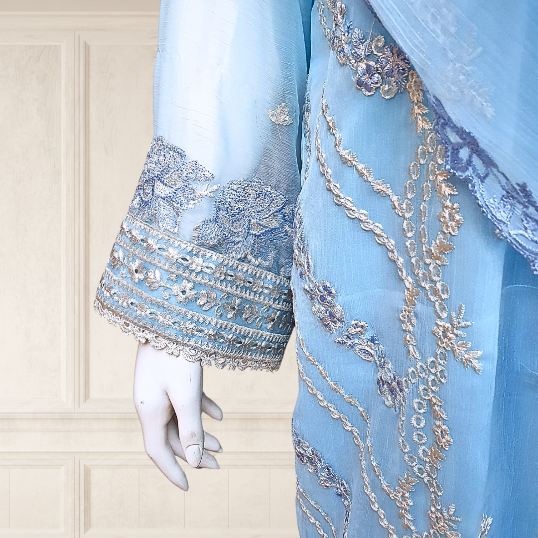 Serene Blue Chiffon Embroidered Suit-3 PC