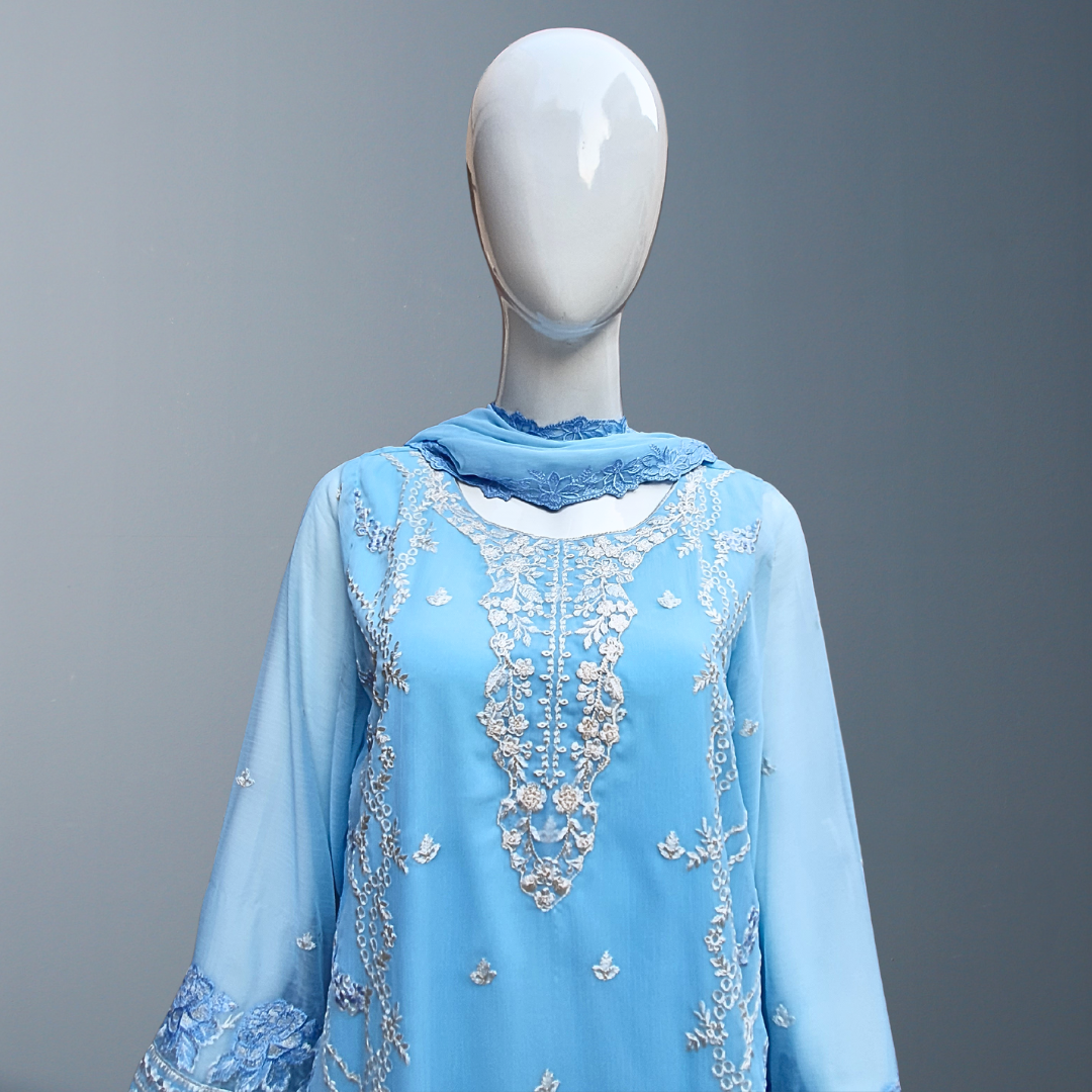 Serene Blue Chiffon Embroidered Suit-3 PC