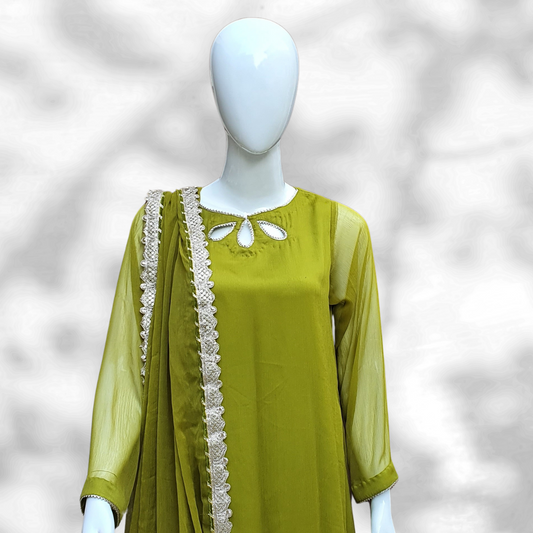 Mehndi Chiffon Flare-3Pc