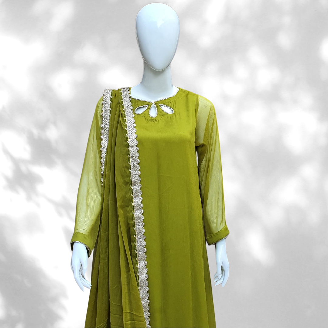 Mehndi Chiffon Flare-3Pc