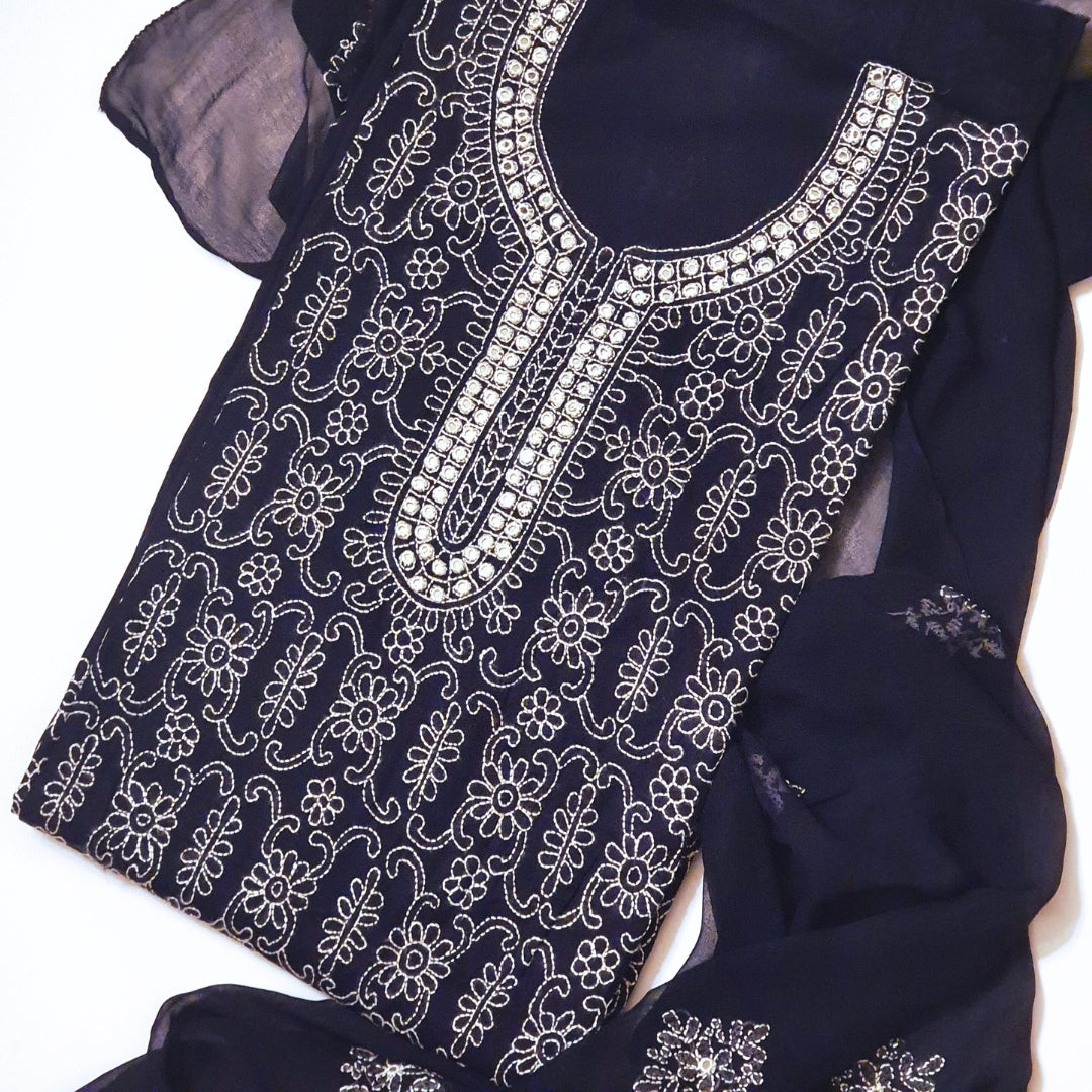 Aaina Karahi in Navy Blue- Hand Embroidered 3PC suit