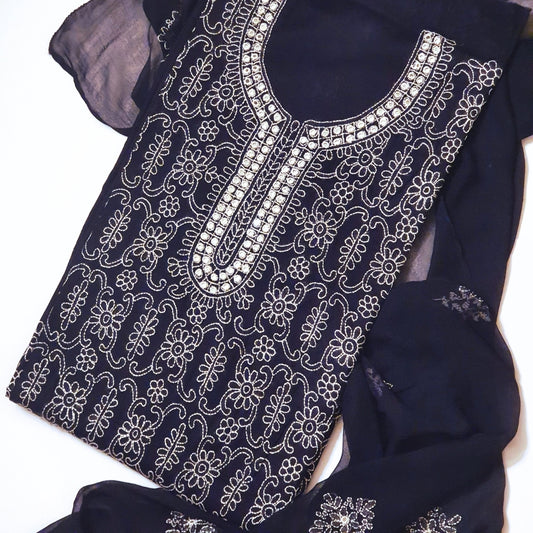 Aaina Karahi in Navy Blue- Hand Embroidered 3PC suit