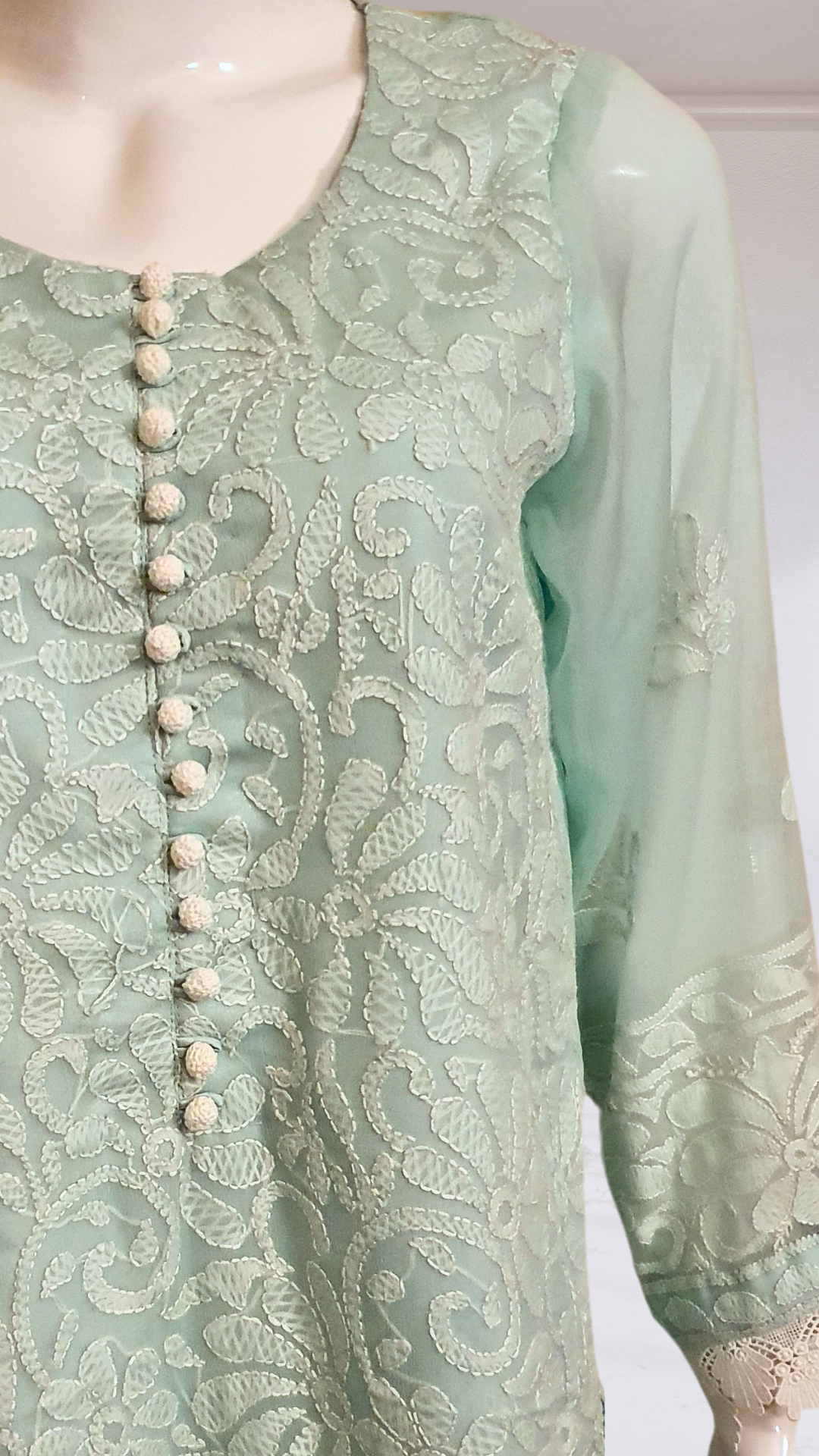 Light Mint Green Shadow Work Chiffon-3 PC