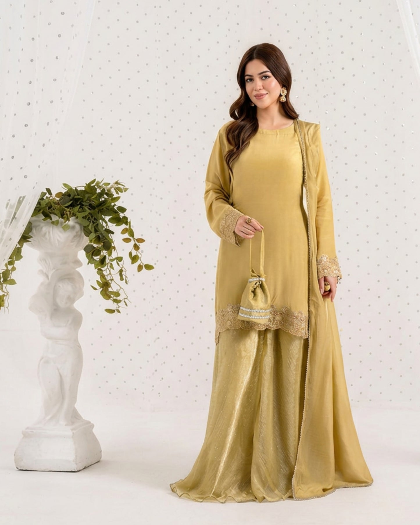 Gold Sheesha Silk Sharara Set-4PC