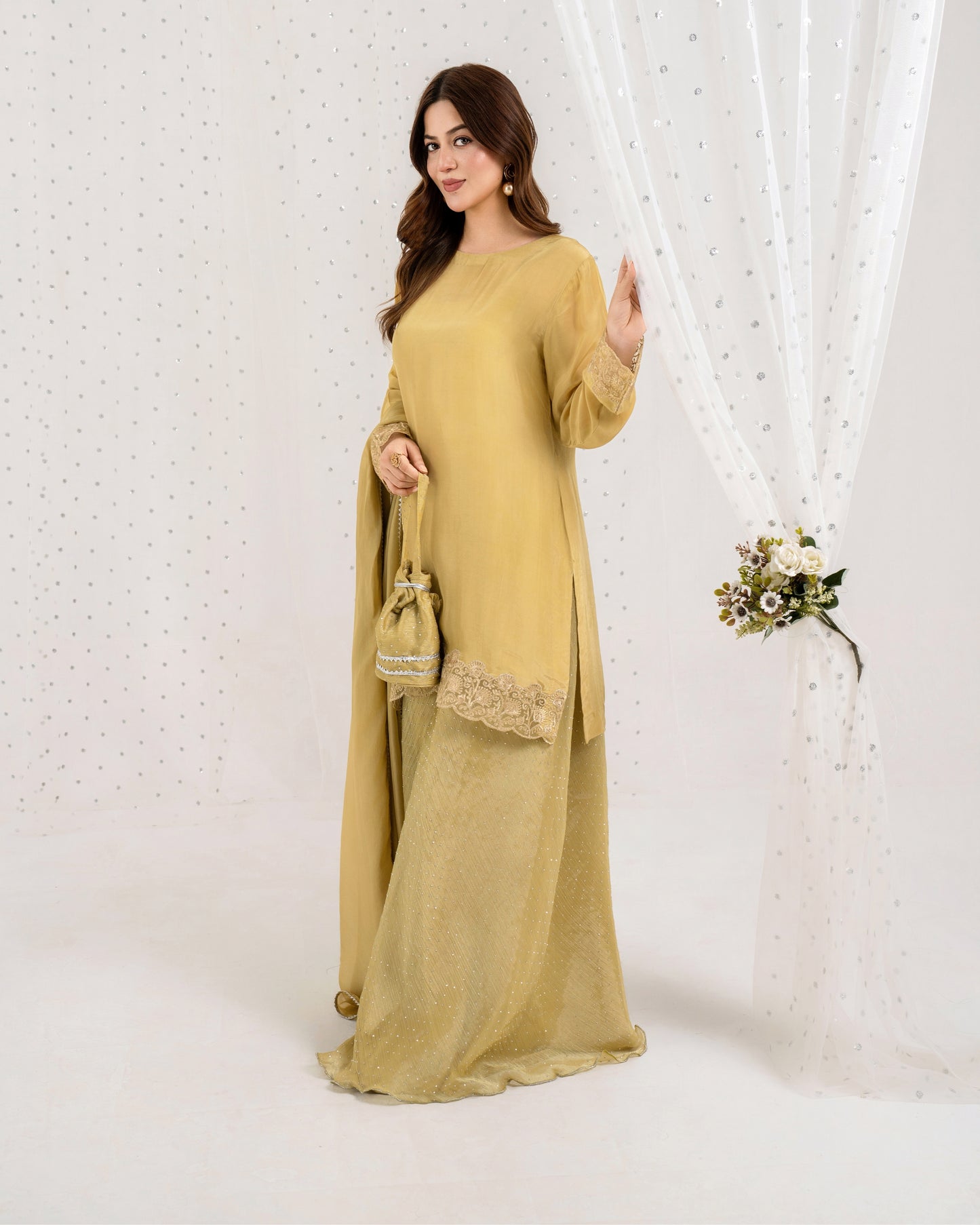 Gold Sheesha Silk Sharara Set-4PC