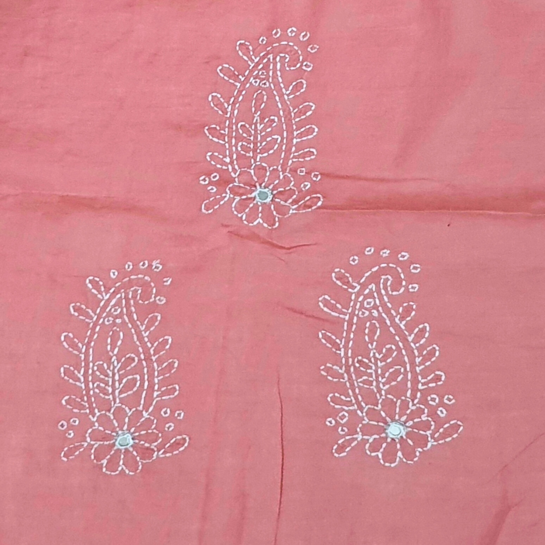 Coral Full Shadow & Mirror Work-Unstitched Hand Embroidered 3 PC