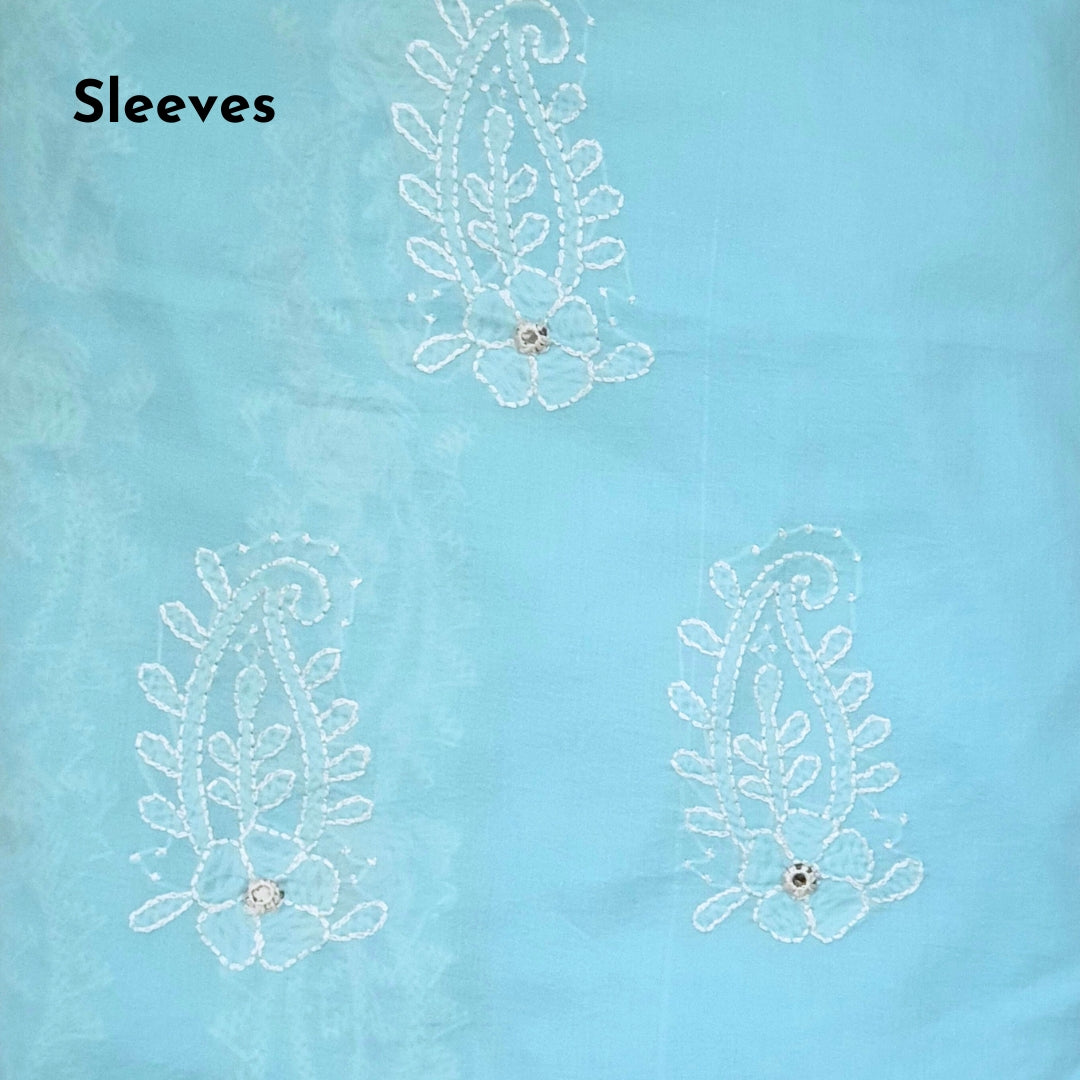 Sky Blue Shadow & Mirror Work-Unstitched Hand Embroidered 3 PC