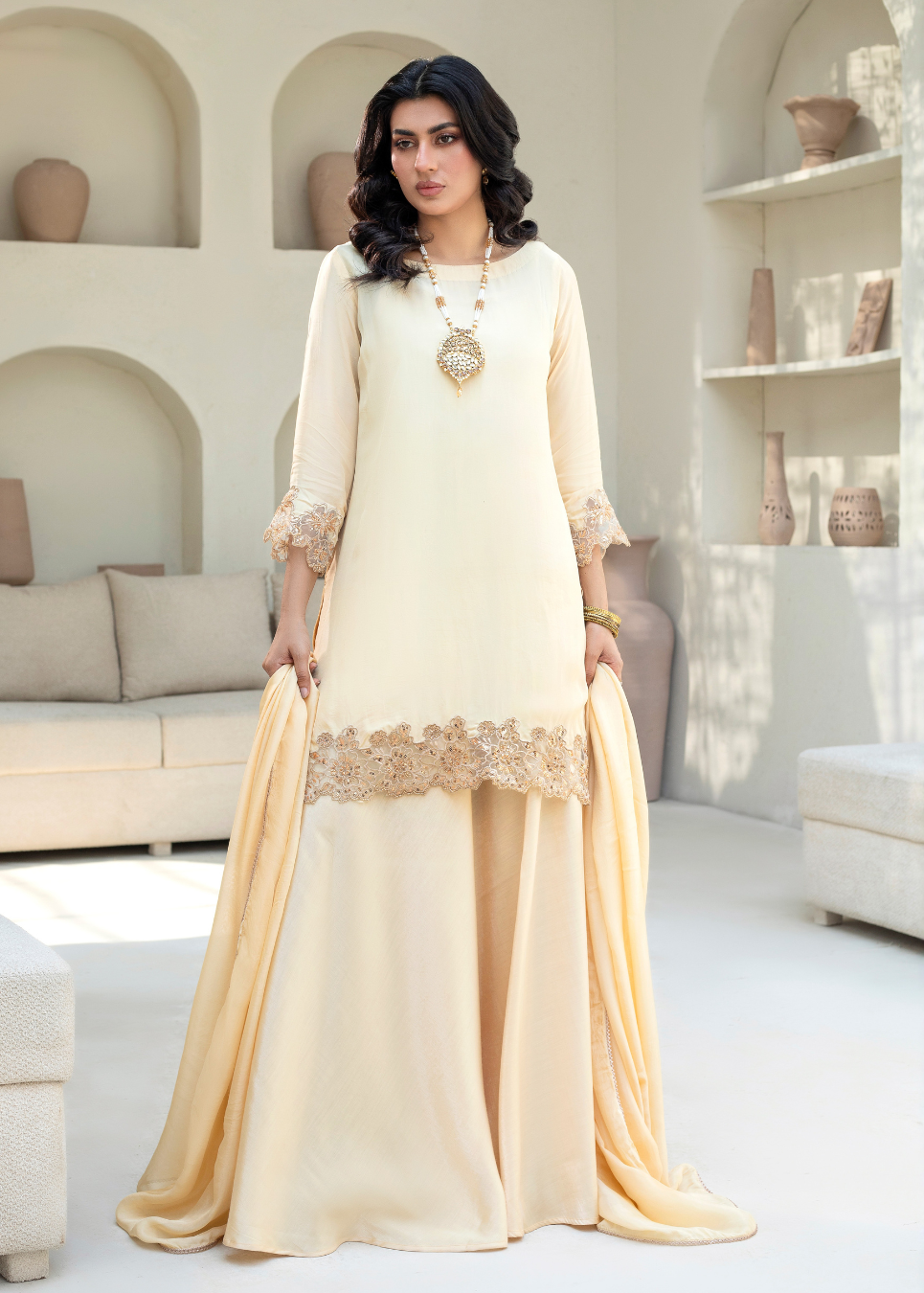 Cream Sequin Lengha Outift-3PC