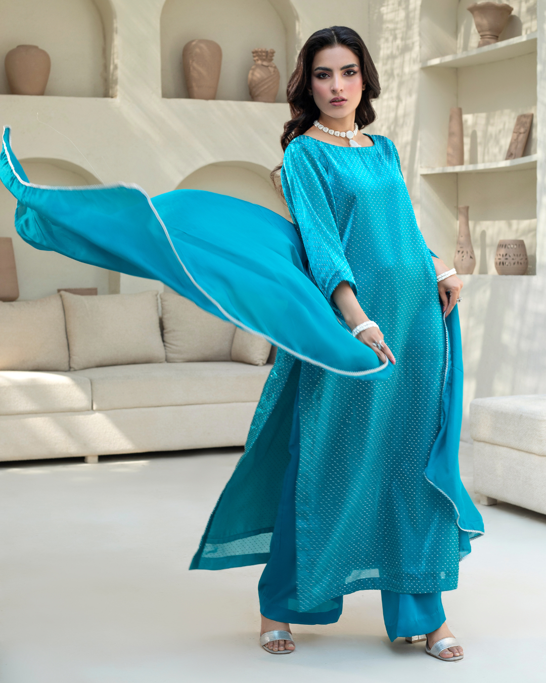 Teal Blue Sheesha Silk-3PC