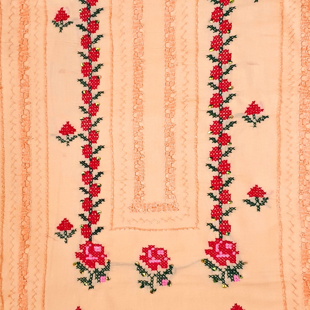 Peach Rose Cross Stitch Hand Embroidered-3PC Unstitched Suit