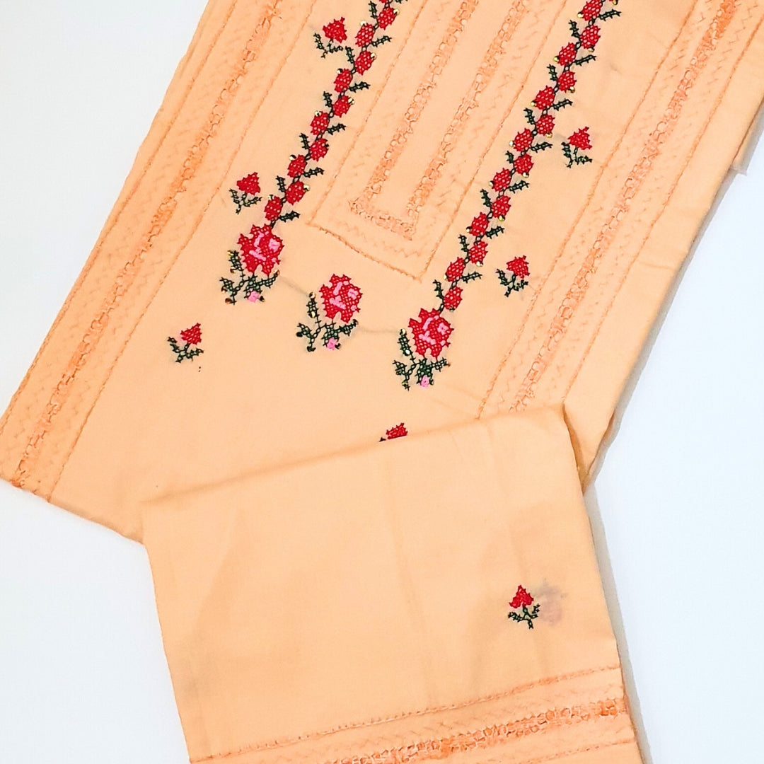 Peach Rose Cross Stitch Hand Embroidered-3PC Unstitched Suit