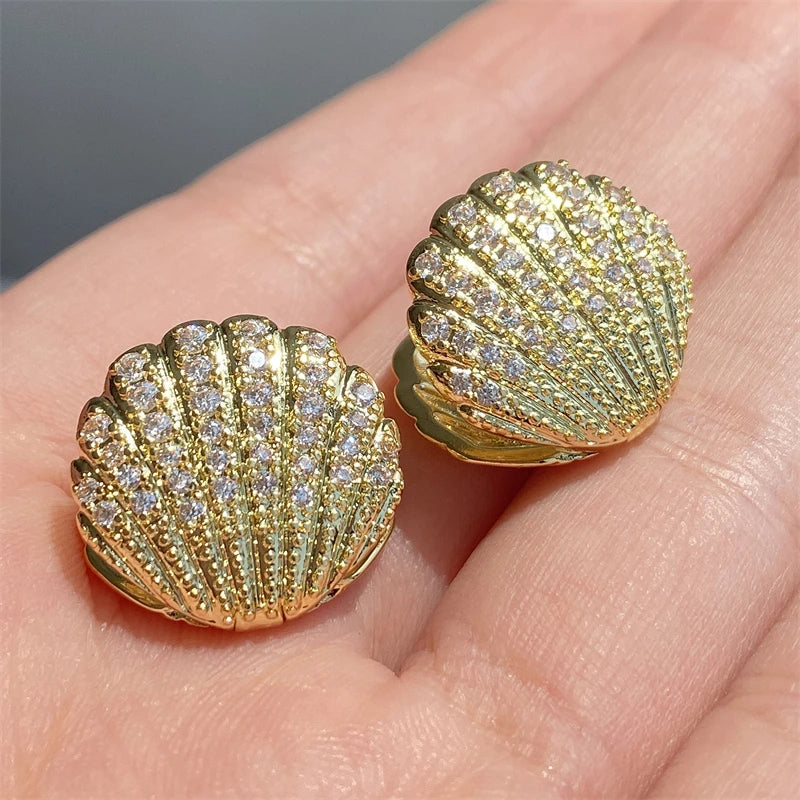 Gold Plated Zircon Sea Shell Earrings