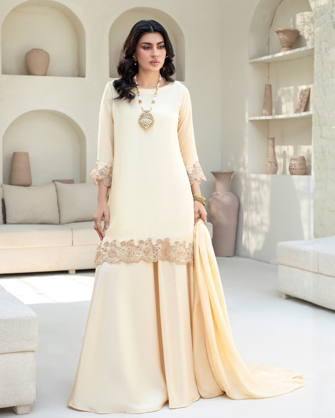 Cream Sequin Lengha Outift-3PC