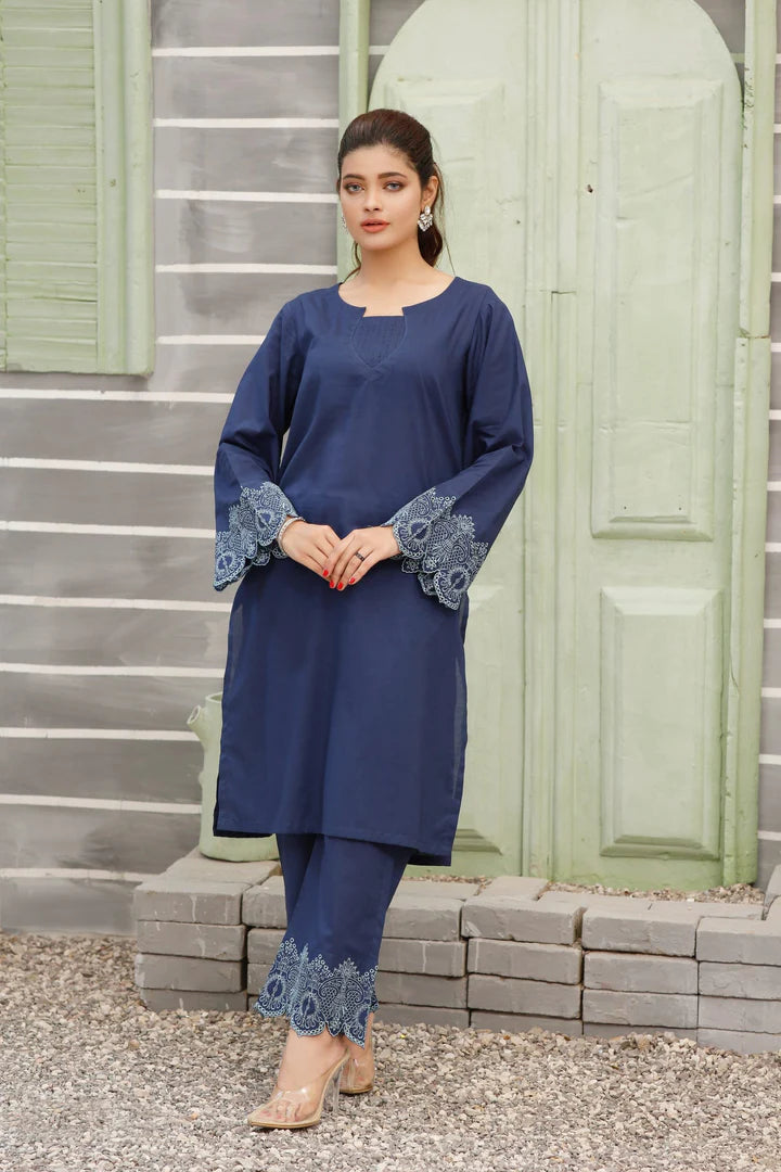 LX-Clematis Blue Stitched 2pc Embroidered Suit