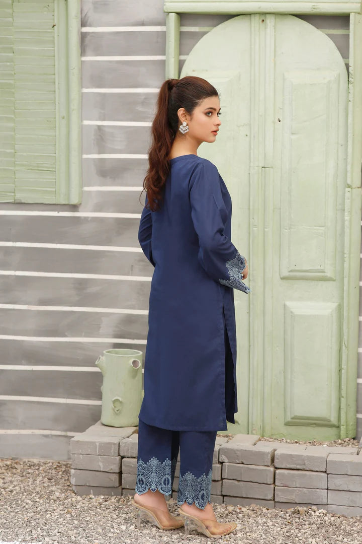 LX-Clematis Blue Stitched 2pc Embroidered Suit