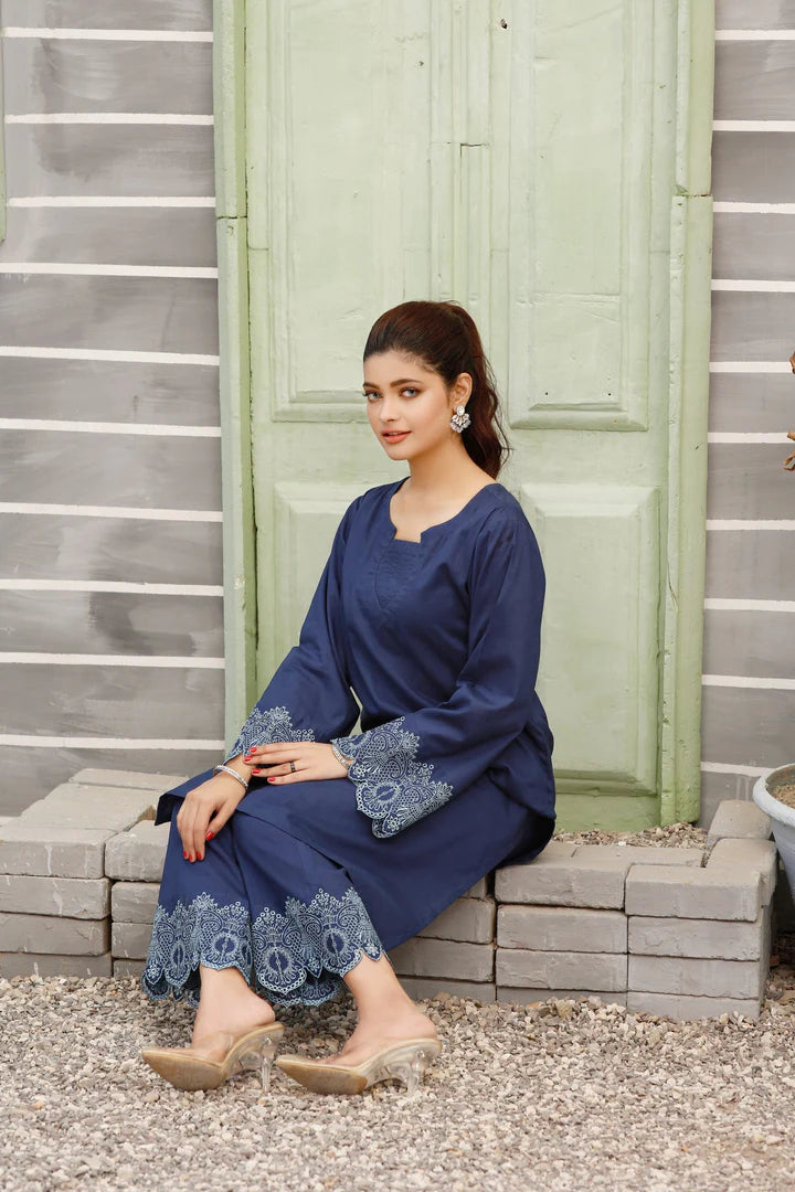 LX-Clematis Blue Stitched 2pc Embroidered Suit