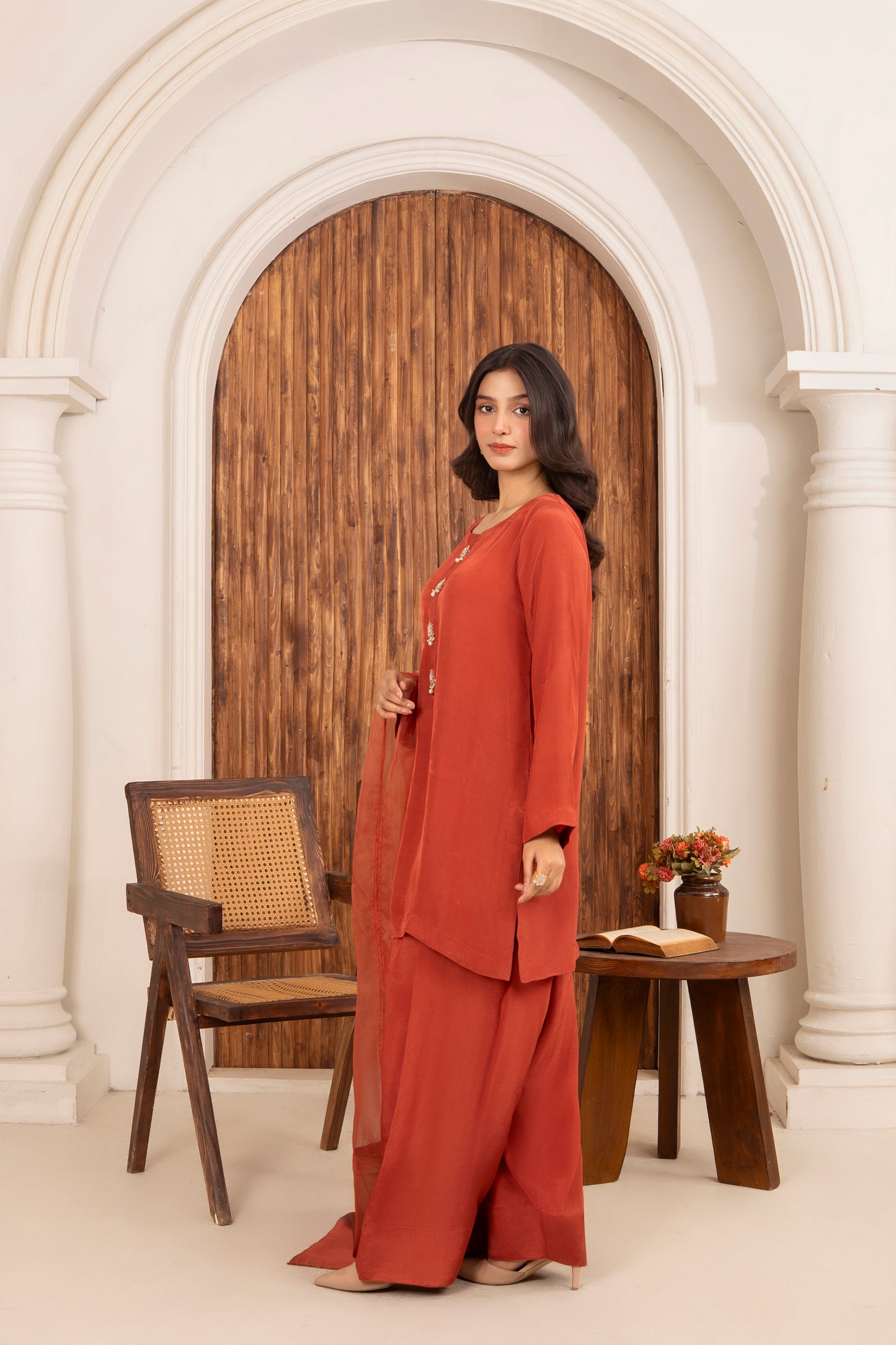 Rust Kundan Farshi Shalwar Set 3Pc