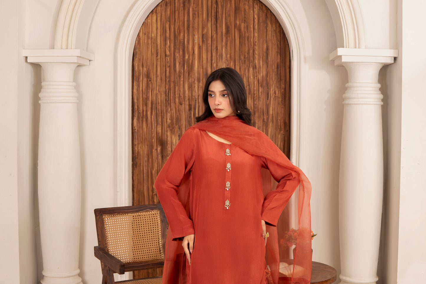 Rust Kundan Farshi Shalwar Set 3Pc